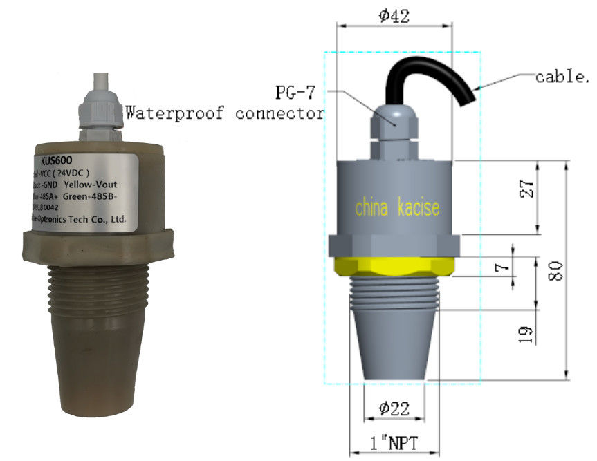 3.3V düşük güç RS485 çıkışı ve IP68 su geçirmez tasarımı olan KUS600 ultrasonik su seviyesi sensörü